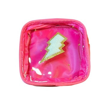 JenDore Pink White Thunderbolt Makeup Bag with Clear Transparent Window - Travel Cosmetic Organizer