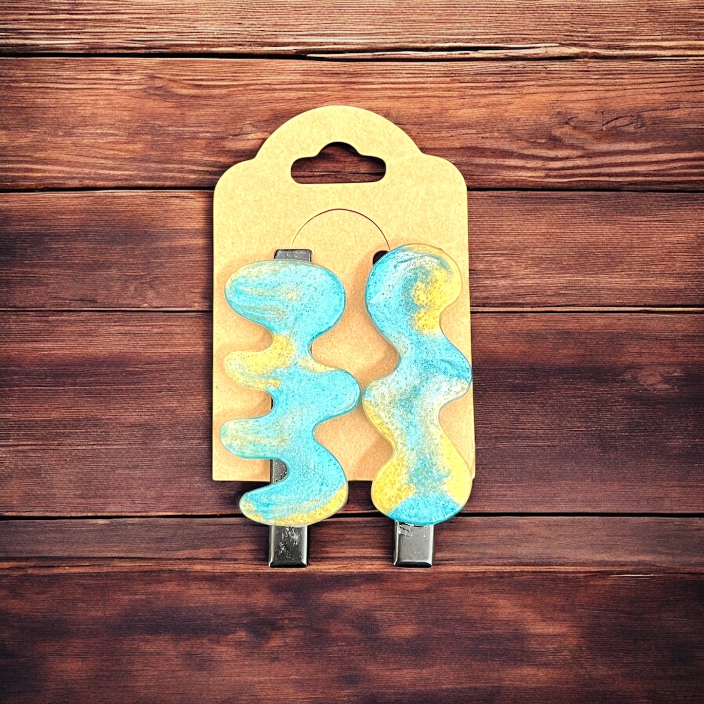 JenDore Hair Clips - Handmade Teal Gold Swirl (Set of 2)