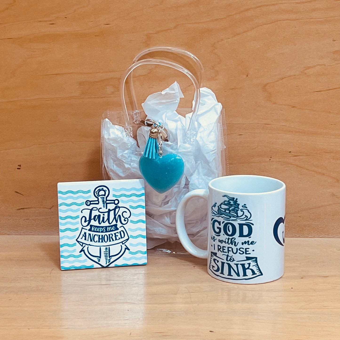 Faith Keeps Me Anchored Mug Coaster Keychain Christian Handmade Gift Set