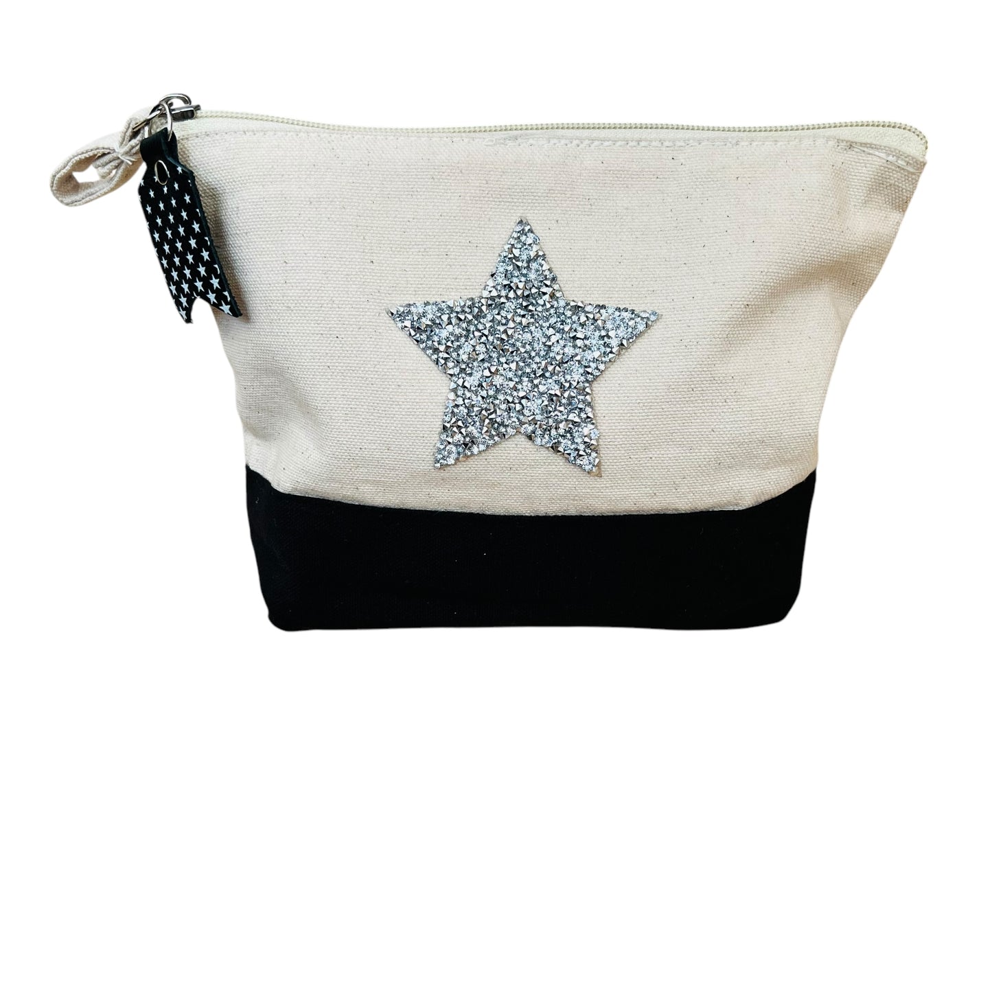 JenDore Handmade Natural & Black Pouch with Silver Bling Star & Leather Charm – 7x8.25x2” | Bold & Stylish Accessory