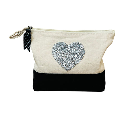 JenDore Handmade Natural & Black Pouch with Silver Bling Heart & Leather Charm – 7x8.25x2” | Bold & Stylish Accessory