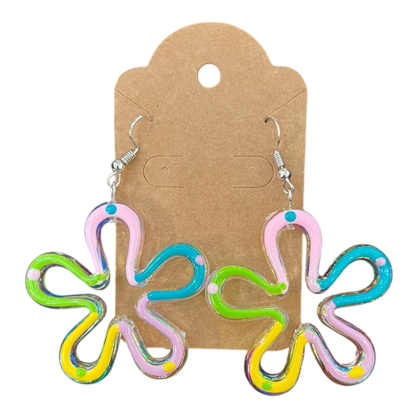Colorful butterfly-shaped earrings on a JenDore card with a visible brand logo.