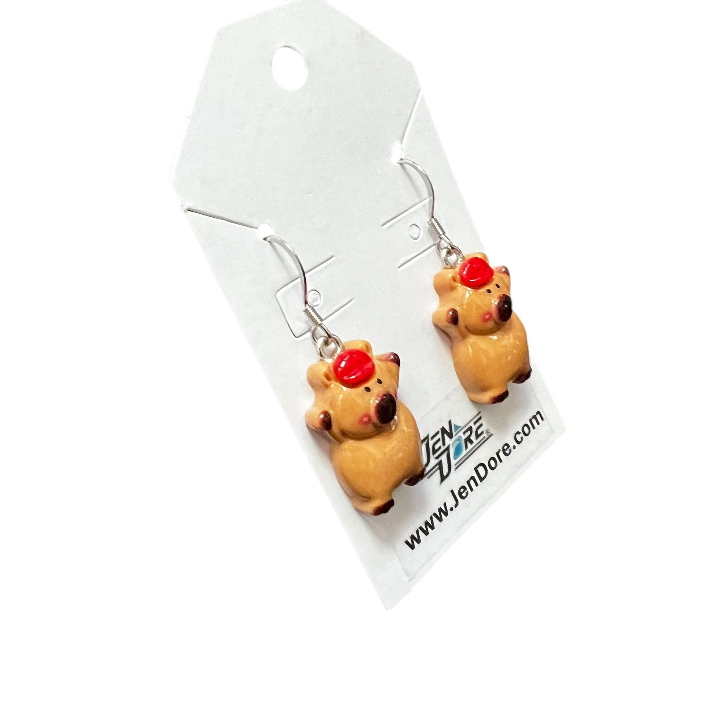 Handmade capybara earrings with hypoallergenic stainless steel hooks, lightweight dangle jewelry by JenDore.