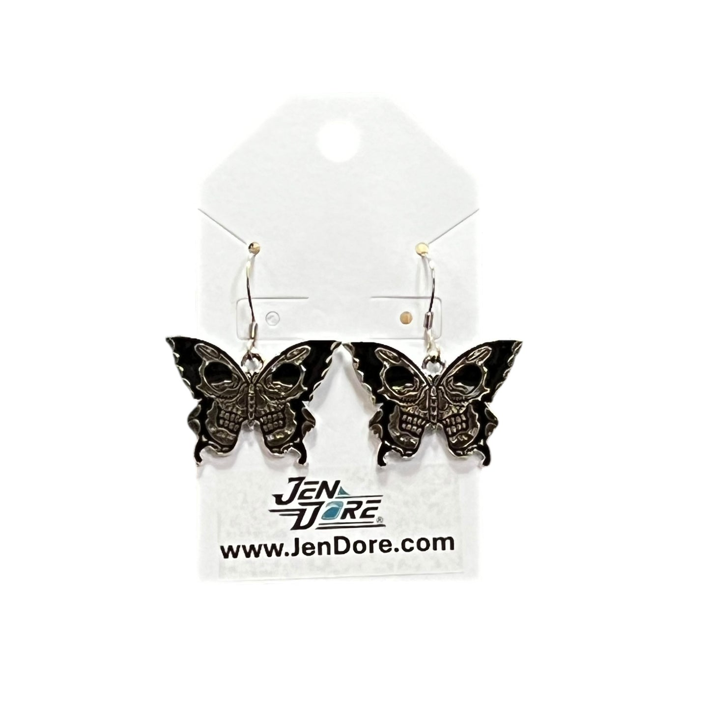 Handmade Gothic Black Butterfly Stainless Steel Dangle Earrings by JenDore on display card