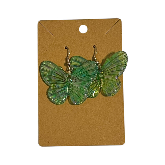 JenDore handmade green iridescent butterfly earrings – lightweight dangle earrings inspired by anime and kawaii style