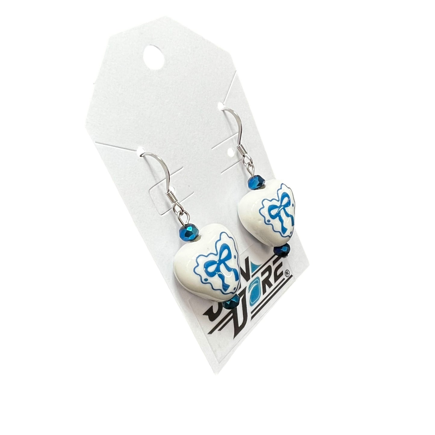 Handmade blue bow heart stainless steel earrings by JenDore, hypoallergenic lightweight jewelry