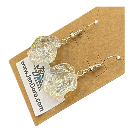 Rose-shaped earrings on a Jendore branded card