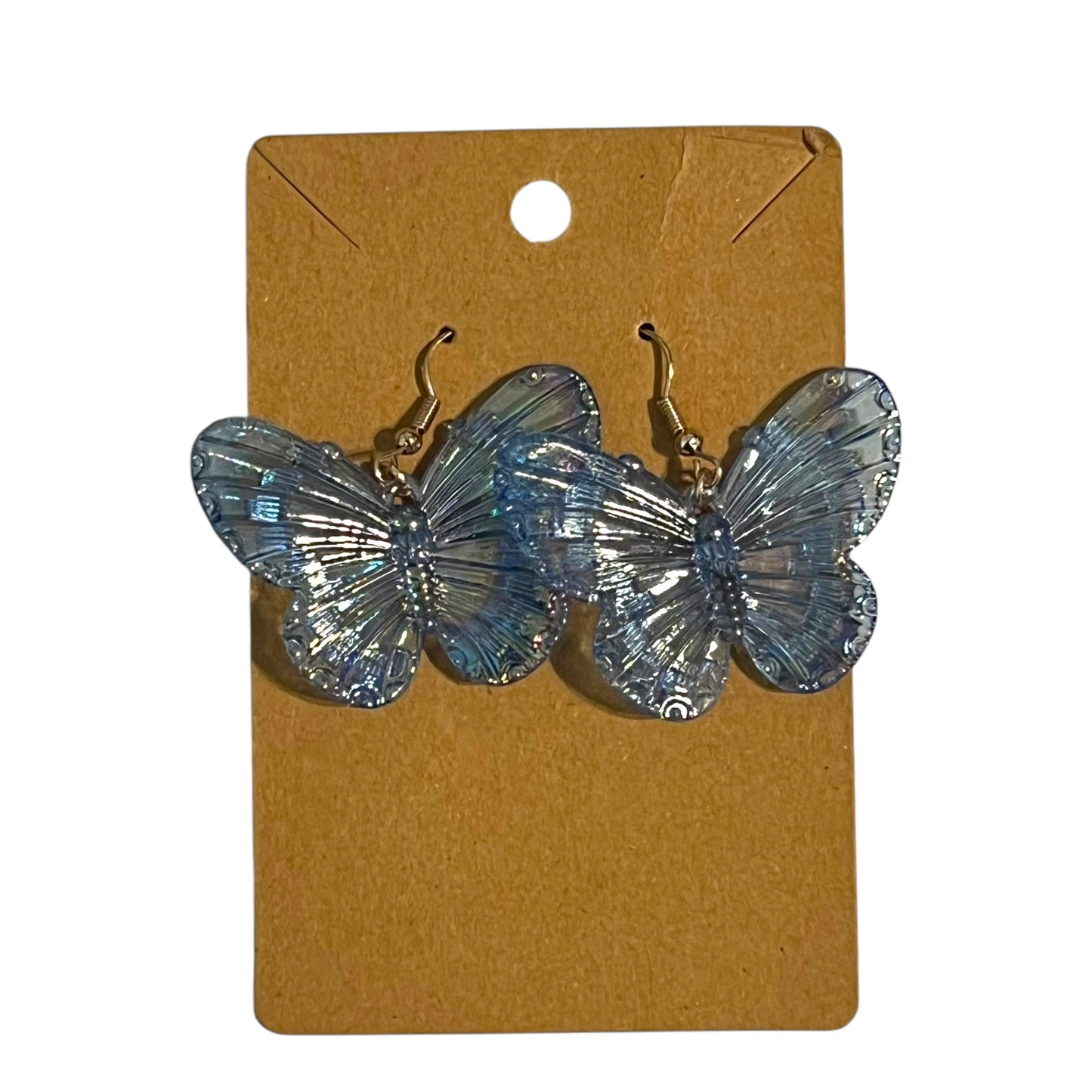 Handmade blue iridescent butterfly dangle earrings by JenDore – kawaii, anime-inspired, lightweight, and sparkly accessory