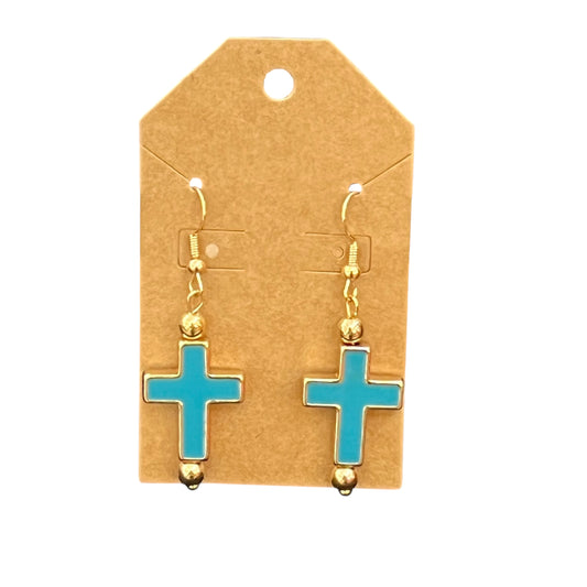 JenDore Handmade Metal Teal Gold Cross Earrings-front