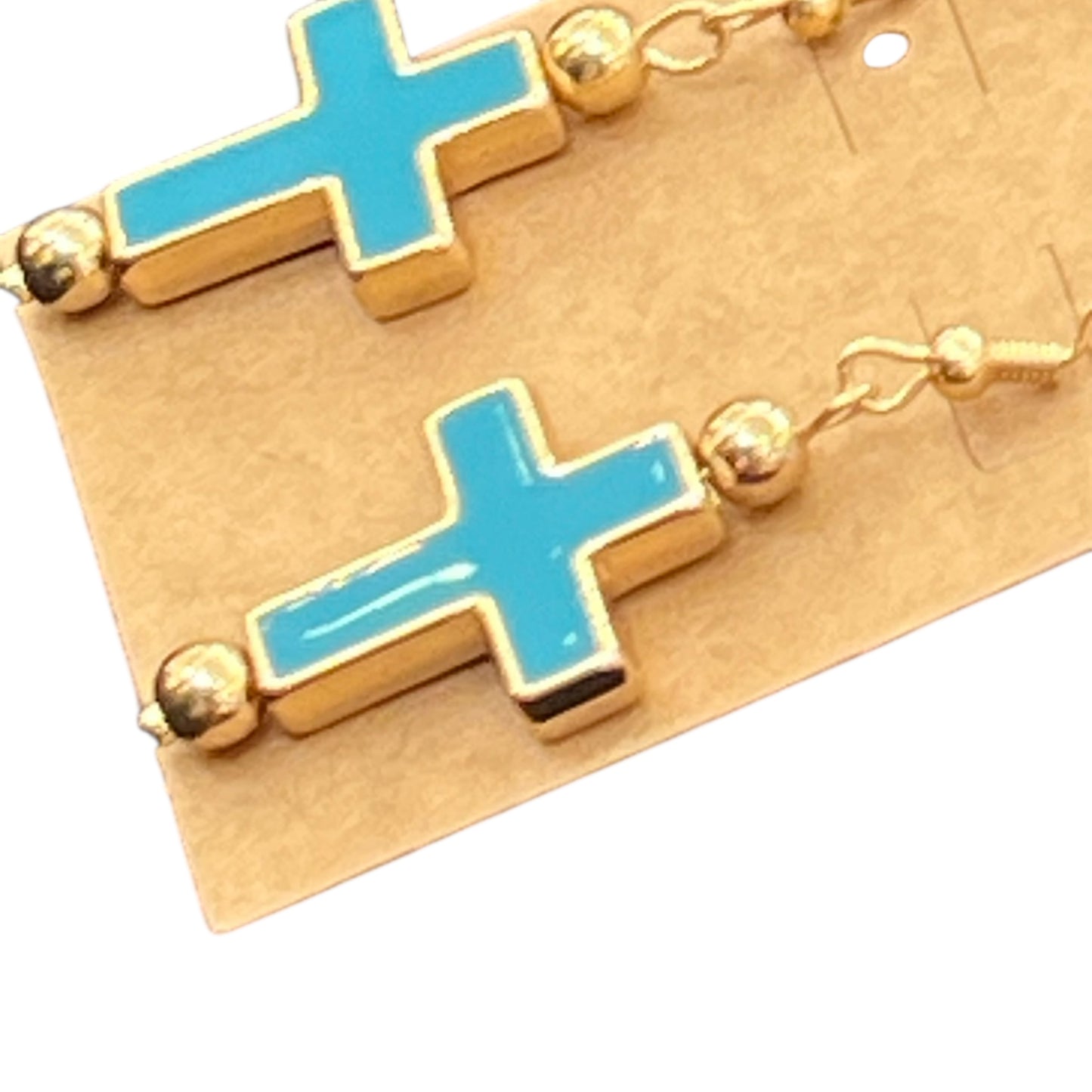 JenDore Handmade Metal Teal Gold Cross Earrings- Side View