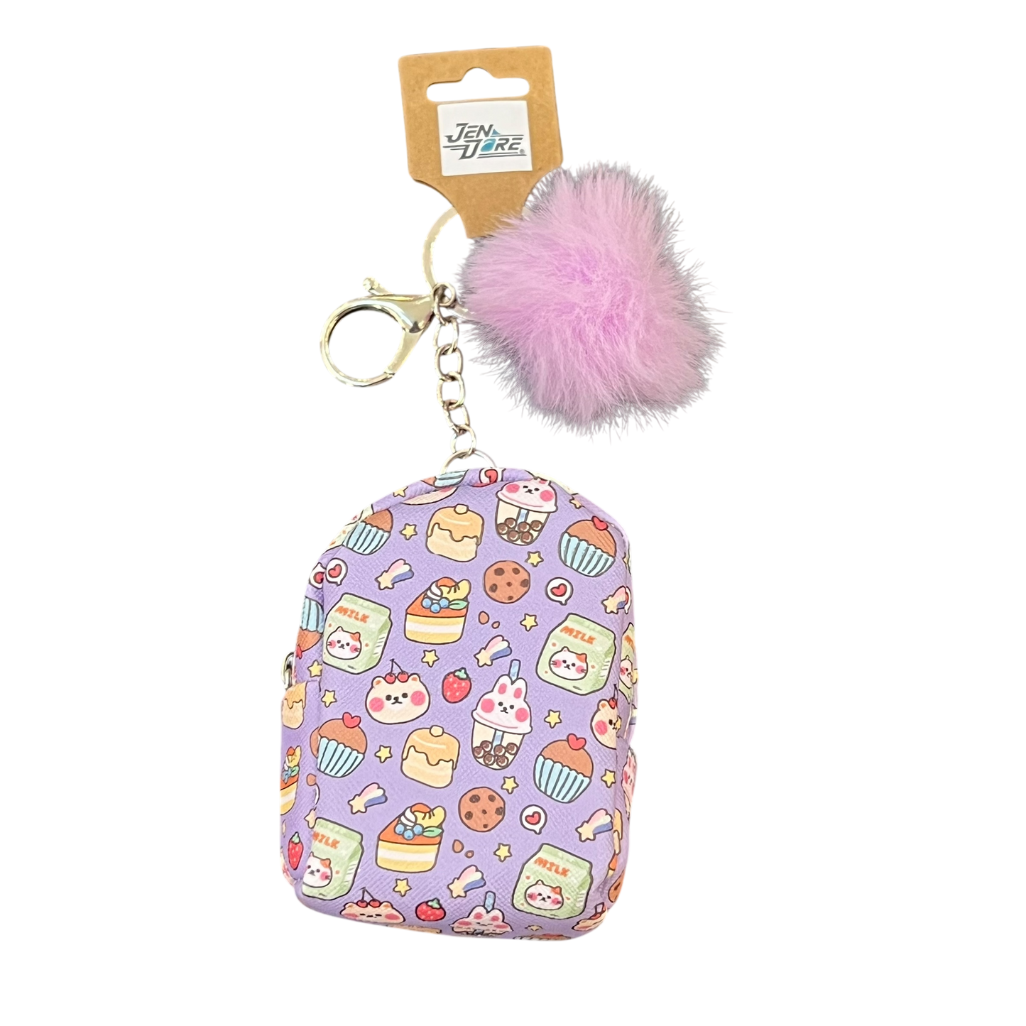 Keychain with pink pom-pom and patterned pouch on a white background