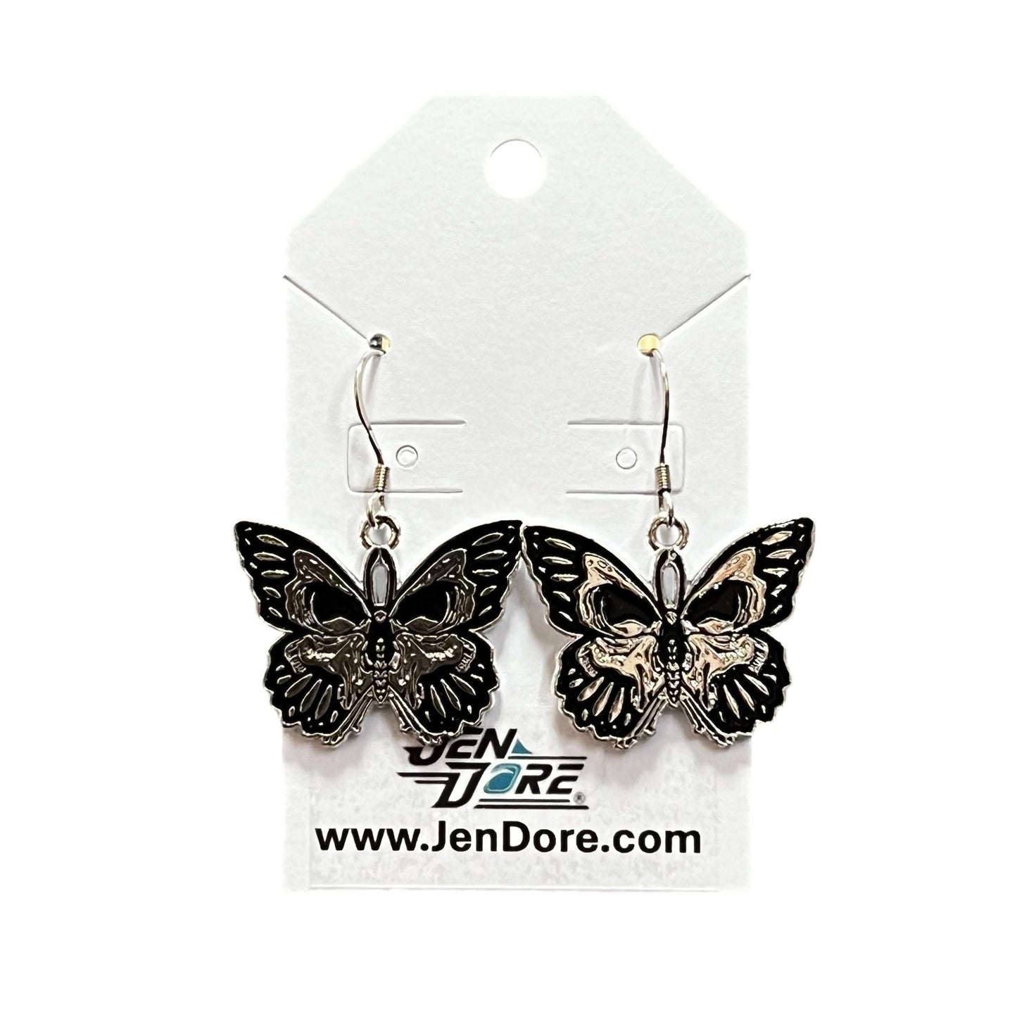 Handmade Gothic Black Butterfly Stainless Steel Dangle Earrings by JenDore on display card