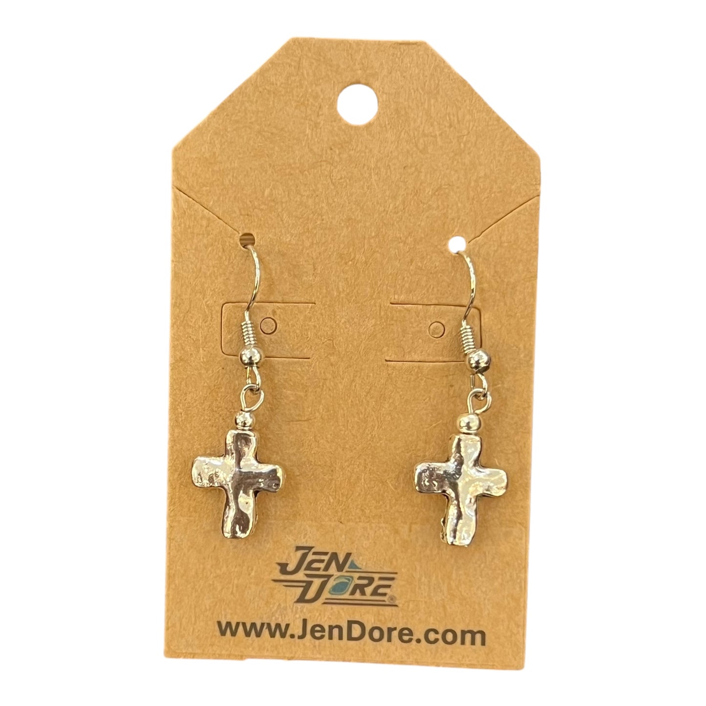 Silver cross earrings on a JenDore branded card