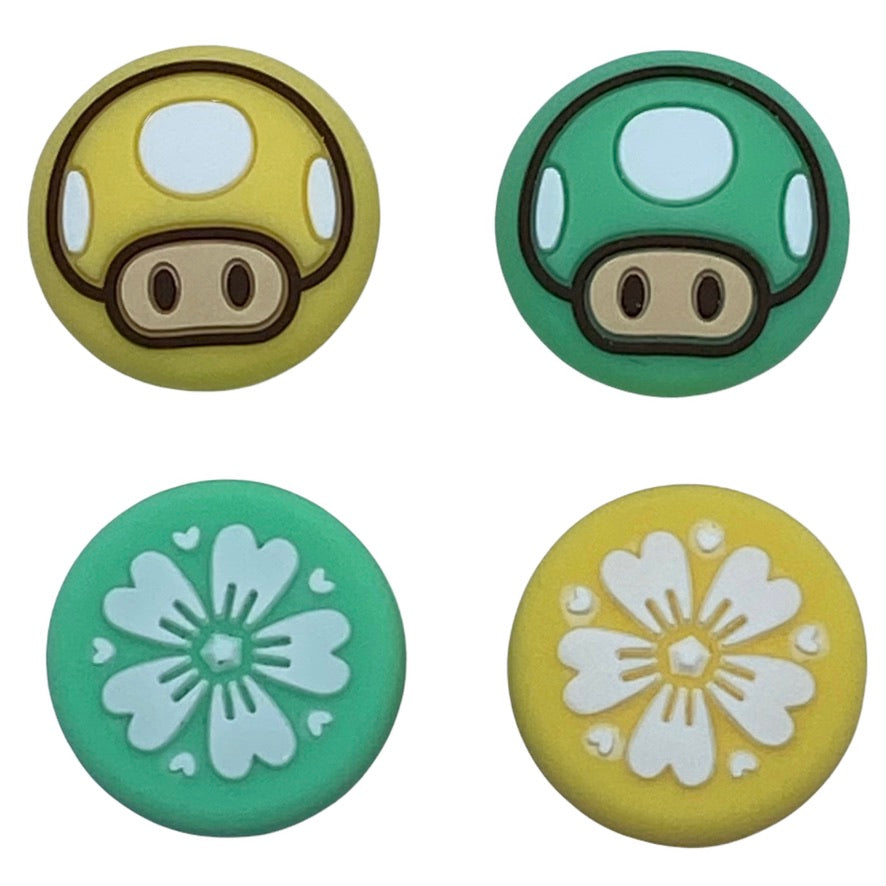JenDore Green Yellow Mushroom Sakura Flowers 4Pcs Silicone Thumb Grip Caps for Nintendo Switch / NS Lite