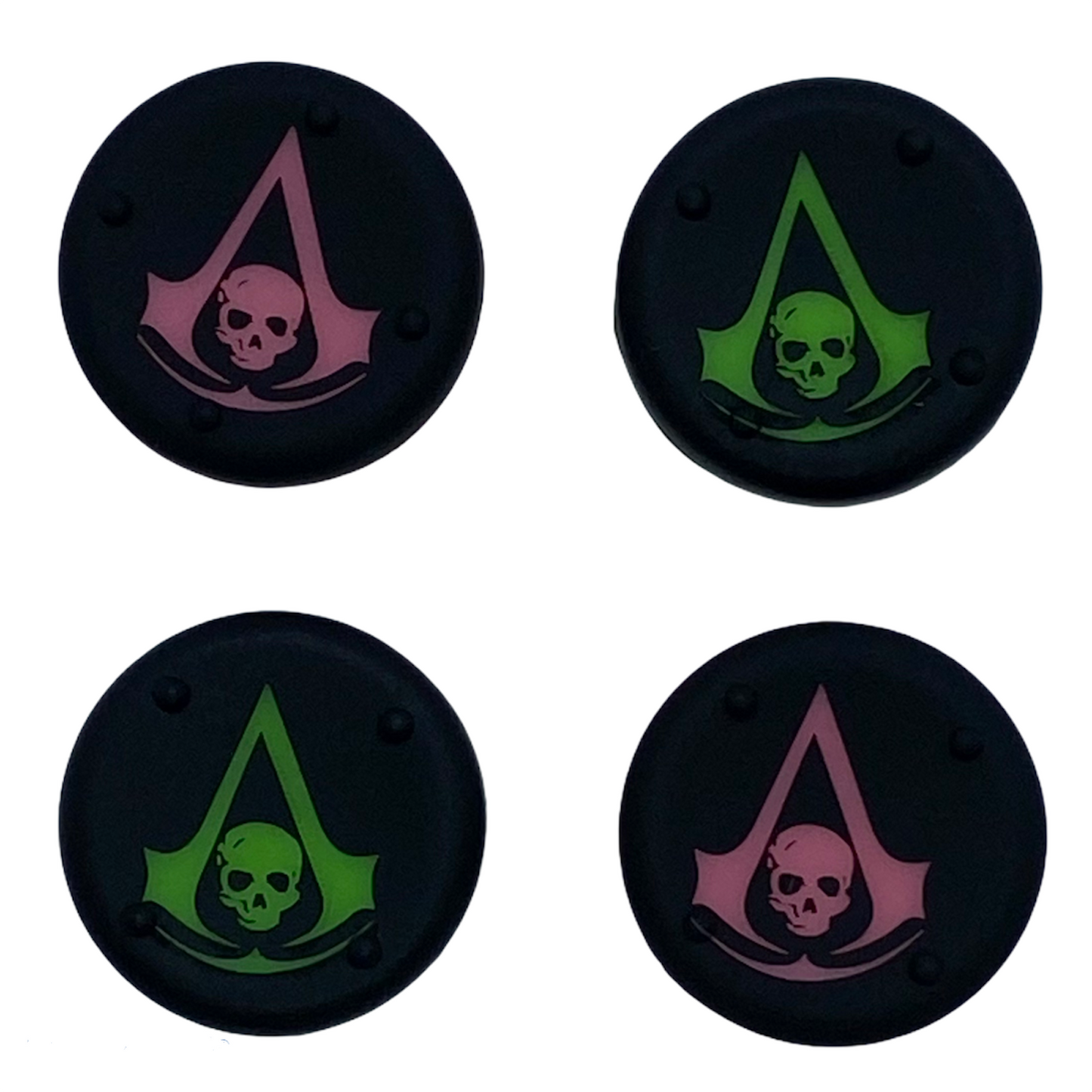 JenDore - 4 tapas de silicona para agarre de pulgar, diseño de calaveras rosas y verdes, para mando de Nintendo Switch Pro, PS5, PS4 y Xbox 360