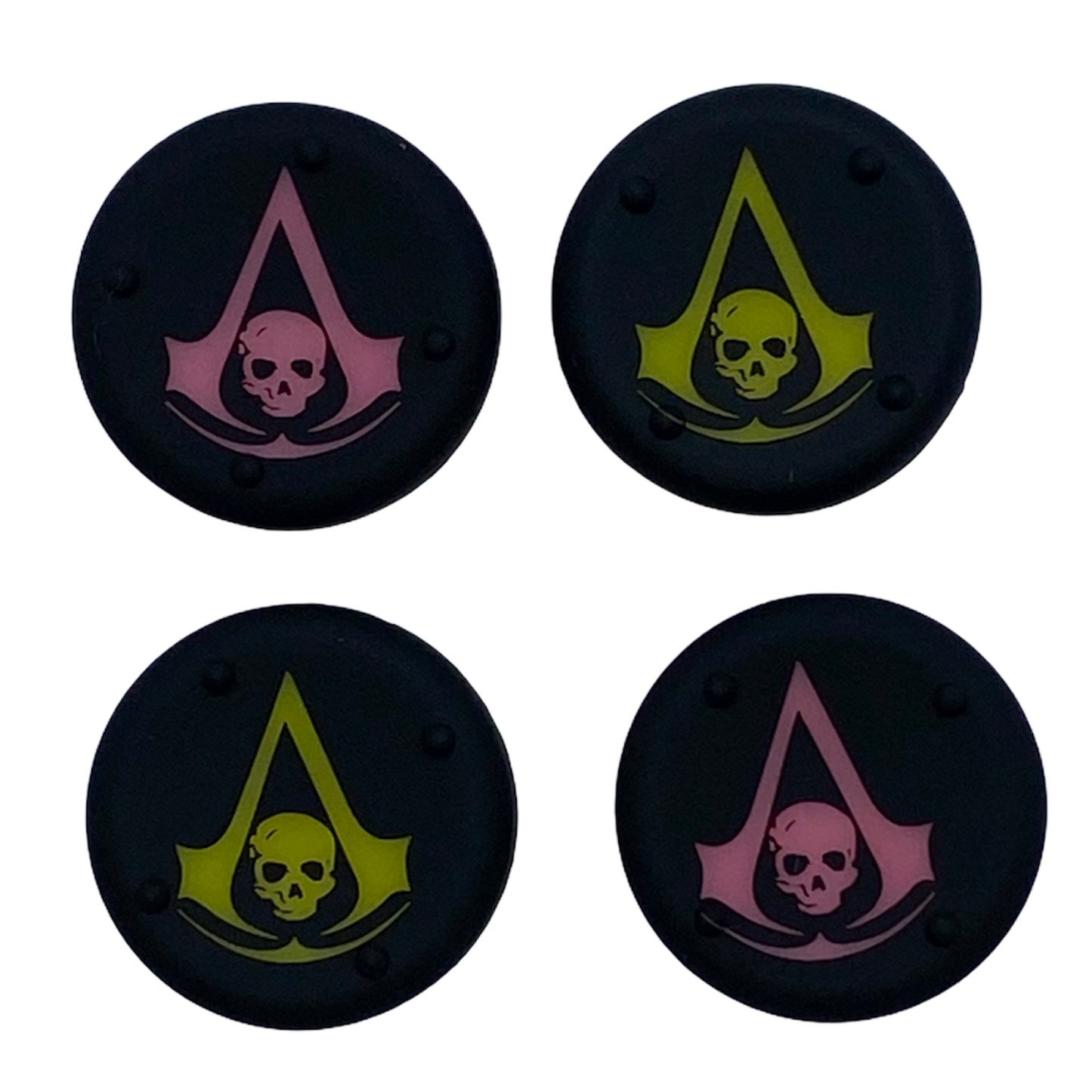 JenDore - 4 tapas de silicona para agarre de pulgar, diseño de calaveras rosadas y amarillas, para mando de Nintendo Switch Pro, PS5, PS4 y Xbox 360