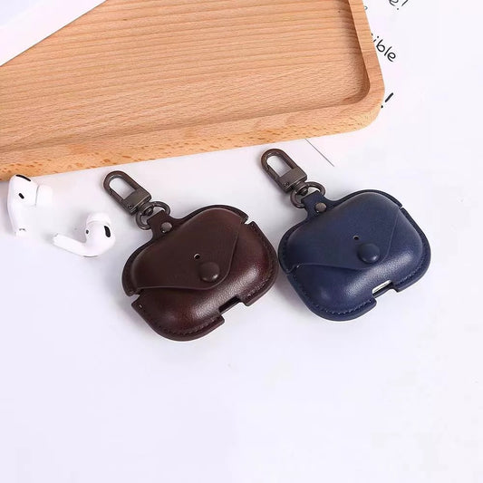 JenDore dark brown and navy blue leather AirPods Pro case with button closure and keychain clip – protective pouch for everyday use