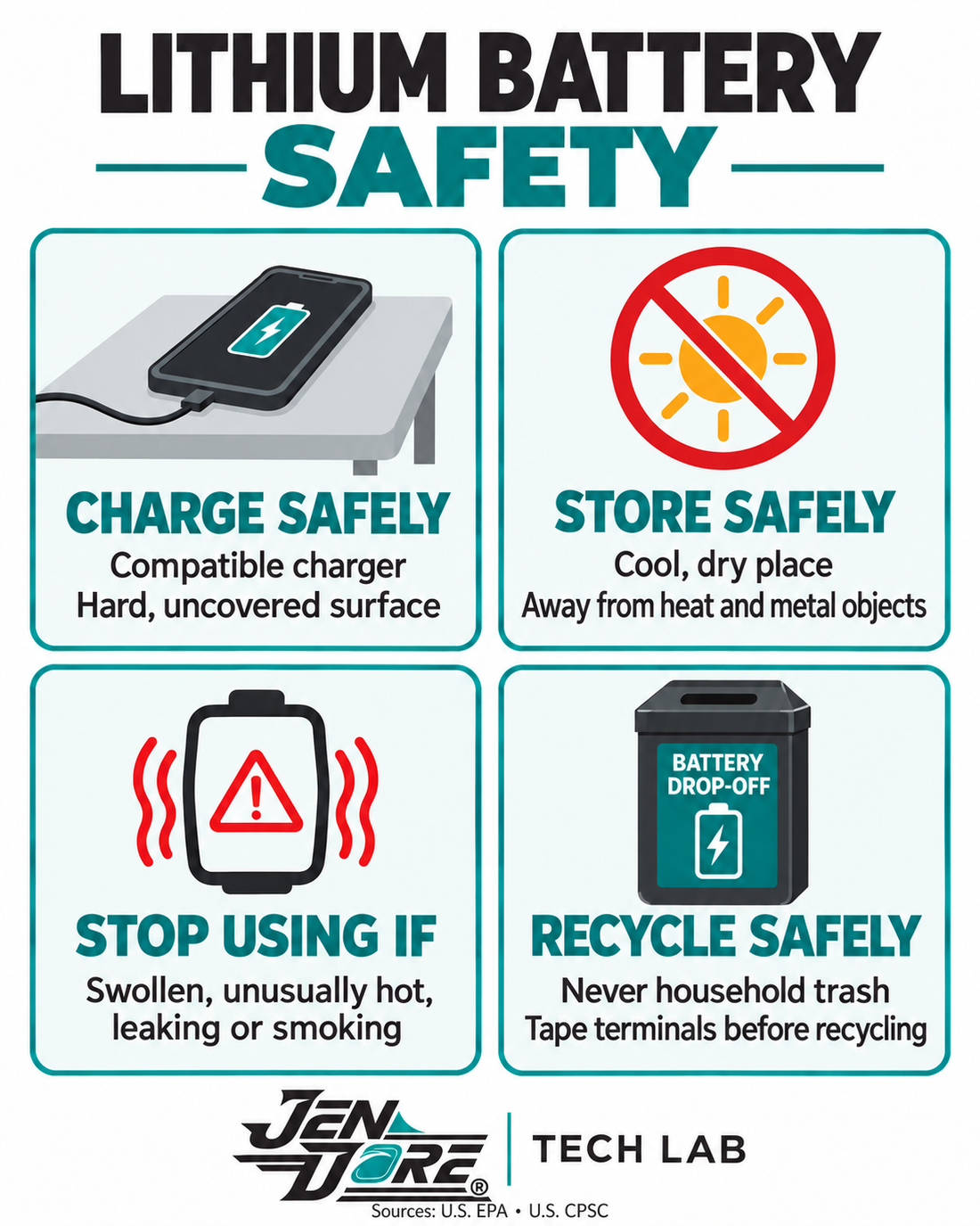 Lithium battery safety guide covering charging, storage, damage warning signs and recycling