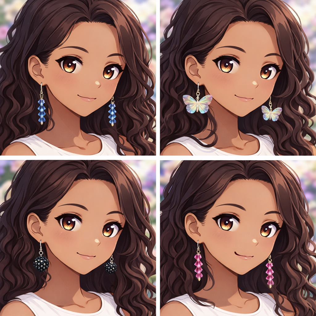 Anime-style JenDore Girl wearing handmade crystal and statement earrings