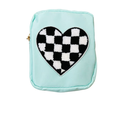 JenDore Green Checkered Heart Mini Waterproof Nylon Zipper Pouch – Small Travel Bag (4.7” x 5.1”)