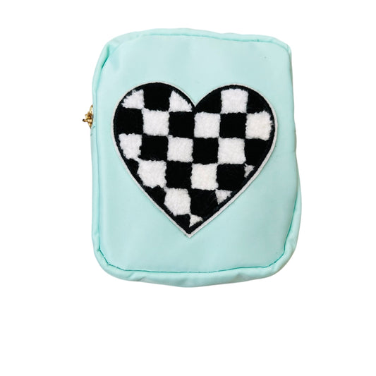 JenDore Green Checkered Heart Mini Waterproof Nylon Zipper Pouch – Small Travel Bag (4.7” x 5.1”)