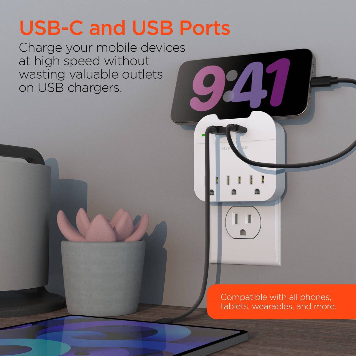 HyperGear Multi Plug 5-Device Wall Outlet Extender with USB-C & USB-A – White