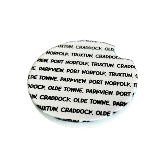 JenDore Handmade Portsmouth Virginia Historic Districts Old Towne Parkview Craddock Port Norfolk Truxton White Black Round Handmade Ceramic Car Coasters