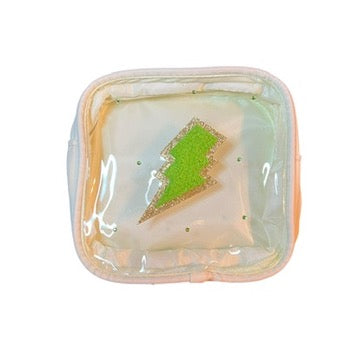 JenDore Cream Green Thunderbolt Makeup Bag with Clear Transparent Window - Travel Cosmetic Organizerw