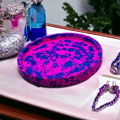 JenDore Bandeja de tocador circular de cerámica hecha a mano con salpicaduras de color rosa y azul intenso