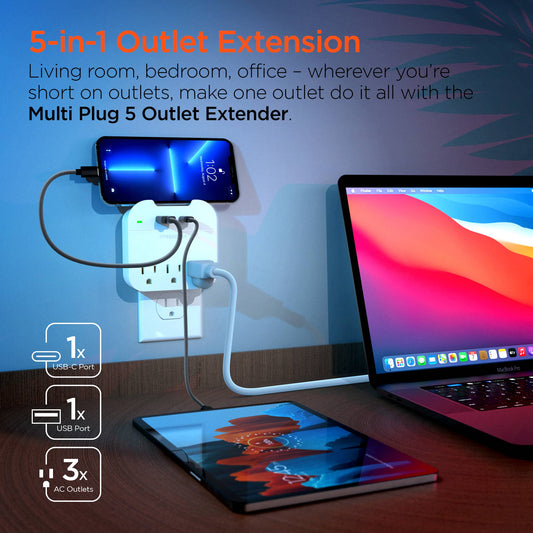 HyperGear Multi Plug 5-Device Wall Outlet Extender with USB-C & USB-A – White