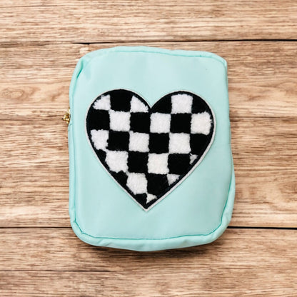 JenDore Green Checkered Heart Mini Waterproof Nylon Zipper Pouch – Small Travel Bag (4.7” x 5.1”)