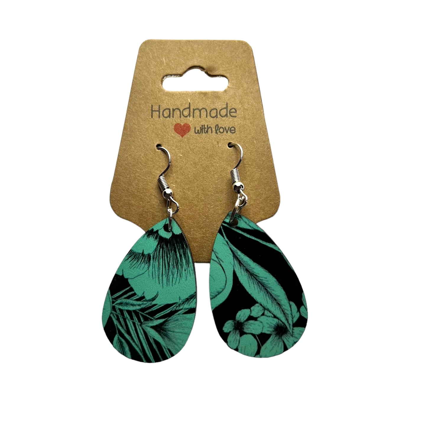 JenDore Green Black Floral Print Wooden TearDrop Earrings