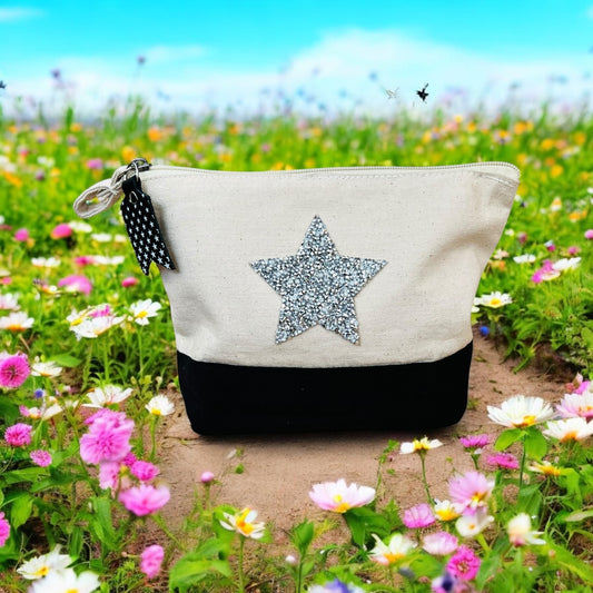 JenDore Handmade Natural & Black Pouch with Silver Bling Star & Leather Charm – 7x8.25x2” | Bold & Stylish Accessory