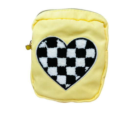 JenDore Yellow Checkered Mini Waterproof Nylon Zipper Pouch – Small Travel Bag with Heart Patch (5.1”L x 4.7”W x 2”H)