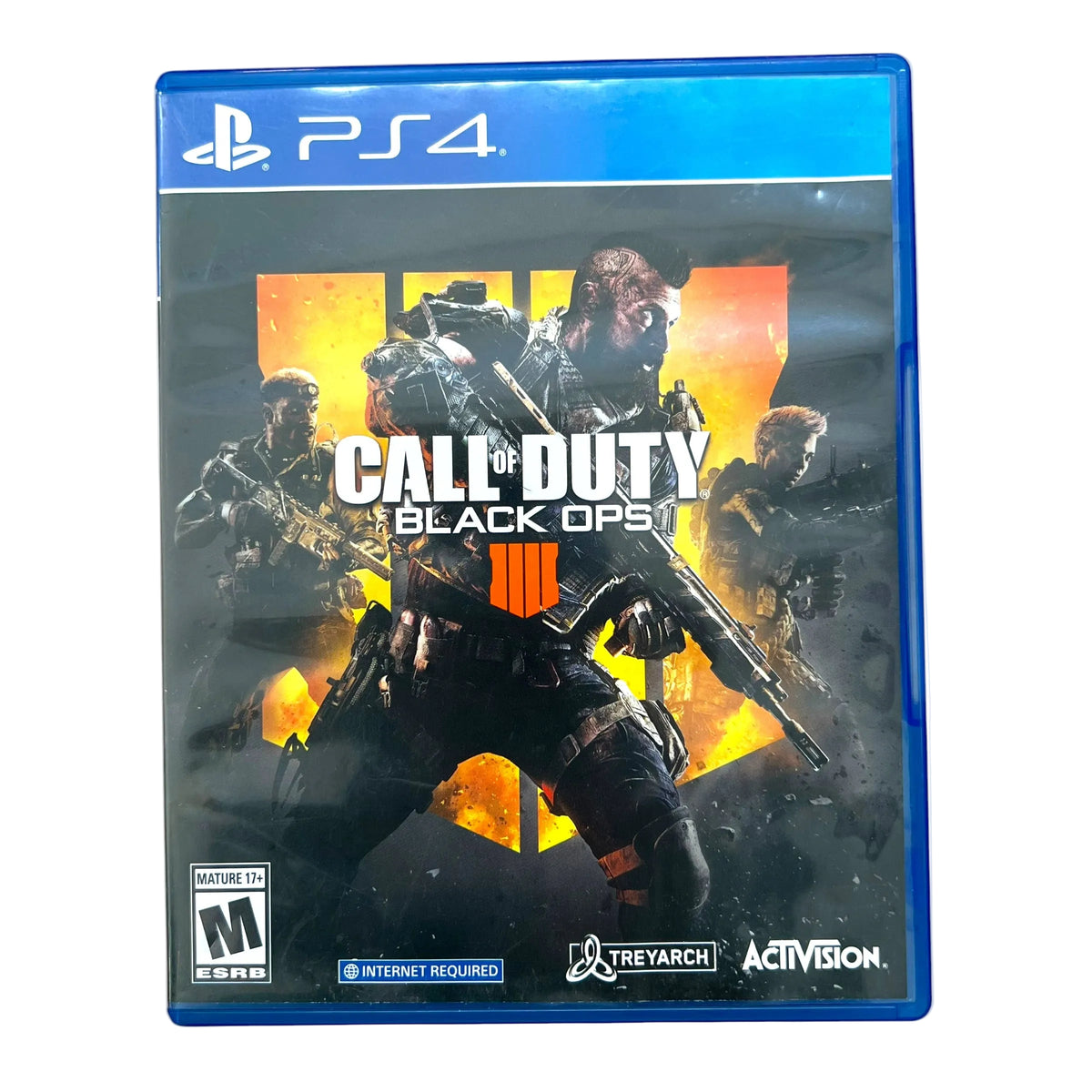 Call of Duty: Black Ops 4 video game case for PlayStation 4, featuring the game cover art with soldiers in combat gear against a fiery orange and black background, with the PS4 branding at the top.
