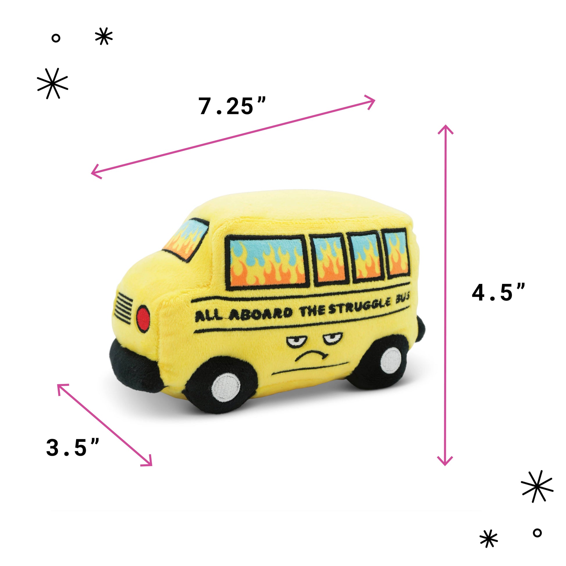 Yellow toy bus with dimensions labeled on a white background
