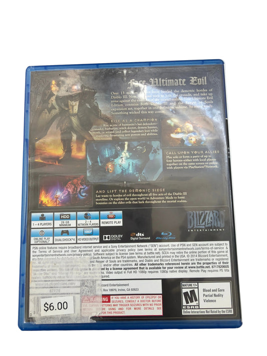 Back cover of a Blizzard Entertainment video game case, photographed on a white surface with a cutting mat visible around the edges. The cover shows artwork, feature icons, and a $6.