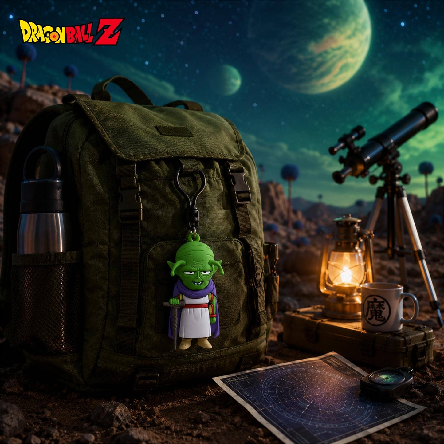 An olive green backpack with a small green cartoon character charm hanging from the front zipper, styled on a rocky surface with a stargazing scene, telescope, lantern, mug, and map in the background. Dragon Ball Z logo is visible in the top left.