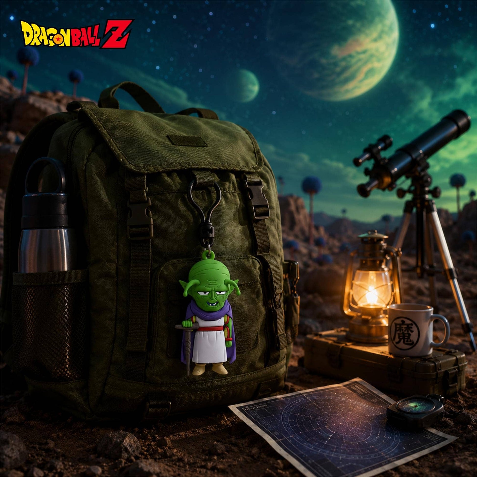 An olive green backpack with a small green cartoon character charm hanging from the front zipper, styled on a rocky surface with a stargazing scene, telescope, lantern, mug, and map in the background. Dragon Ball Z logo is visible in the top left.