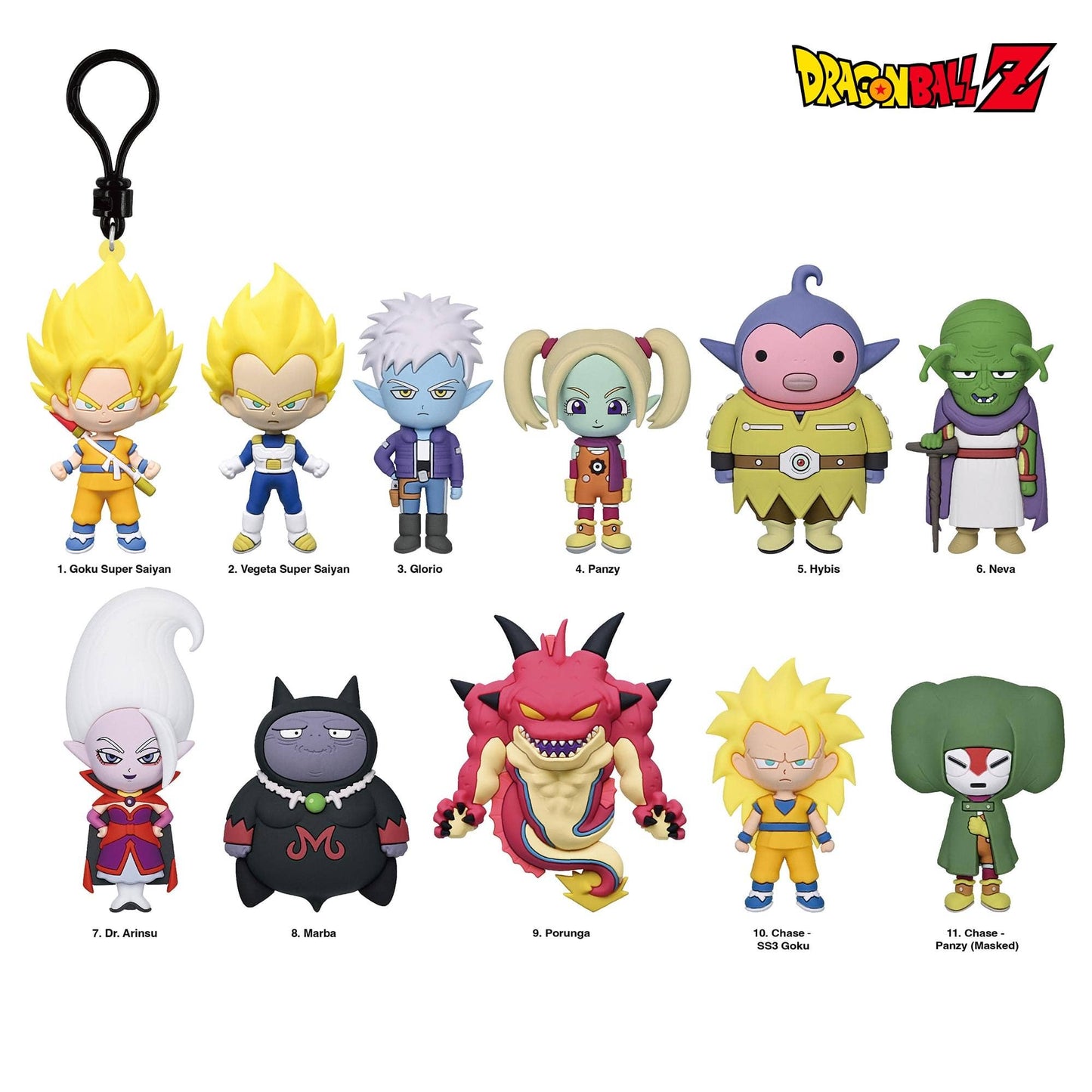 Dragon Ball Z collectible figure set featuring 17 mini vinyl figures and a black keychain clip, displayed on a clean white background with character names and the Dragon Ball Z logo.