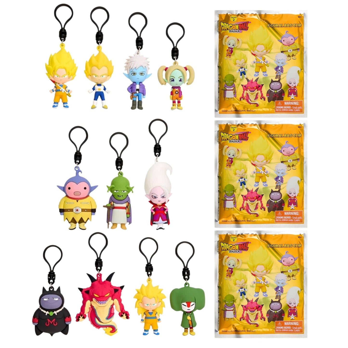 Dragon Ball Z character keychain set featuring multiple small chibi character charms with black clips, shown alongside three sealed yellow Dragon Ball Z blind pack packages on a white background.