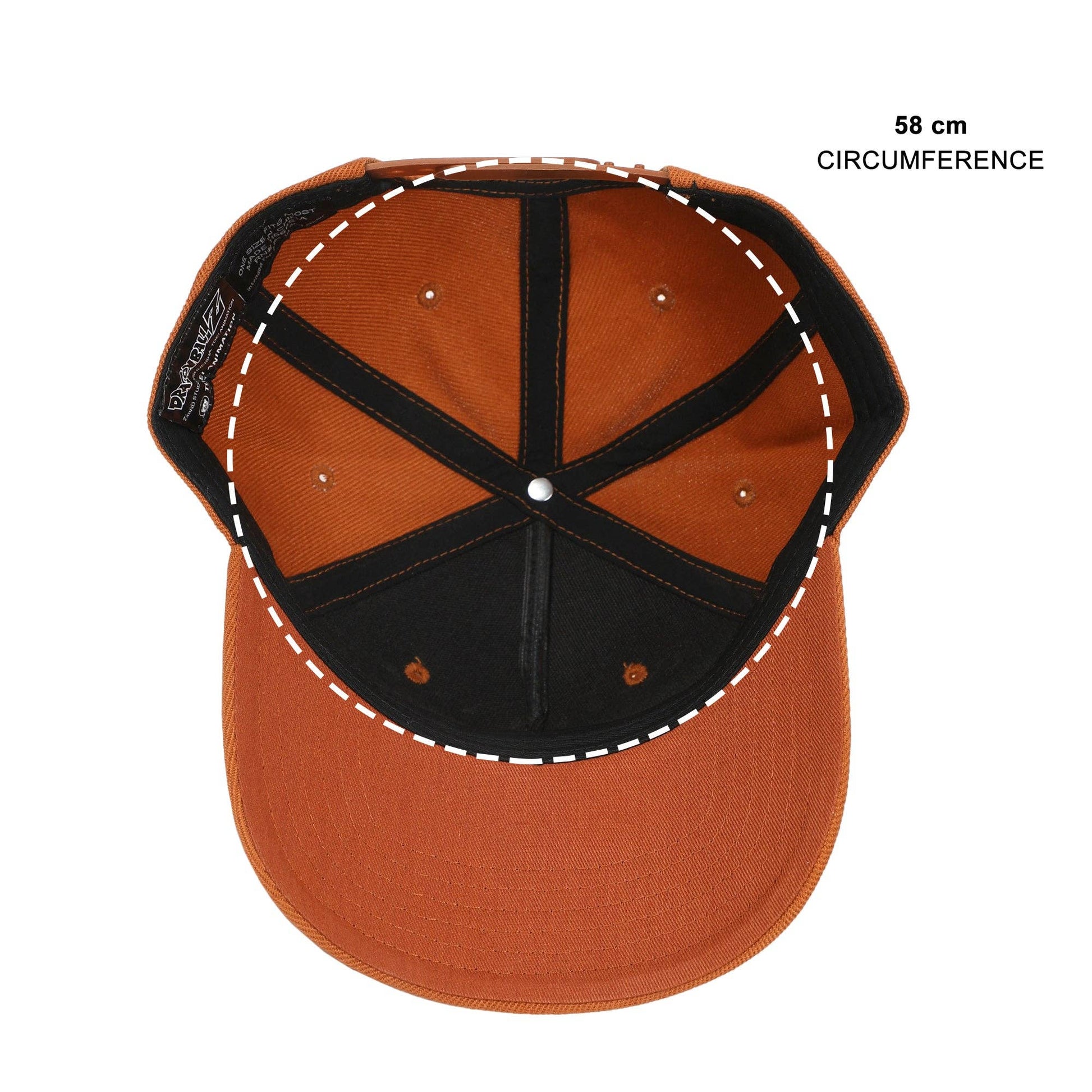 Top-down view of an orange and black baseball cap with a white dashed circle highlighting the 58 cm circumference, on a white background.