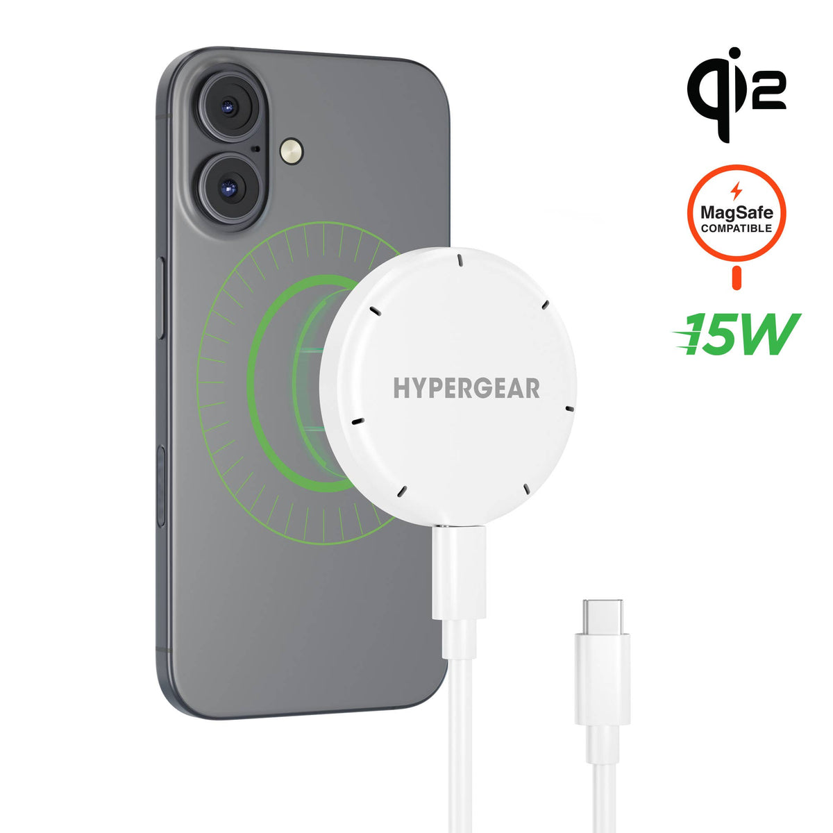 HyperGear MaxCharge 15W Qi2 Magnetic Wireless Fast Charger with 6ft USB-C Cable