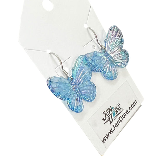 Handmade light blue iridescent butterfly dangle earrings with hypoallergenic stainless steel hooks by JenDore