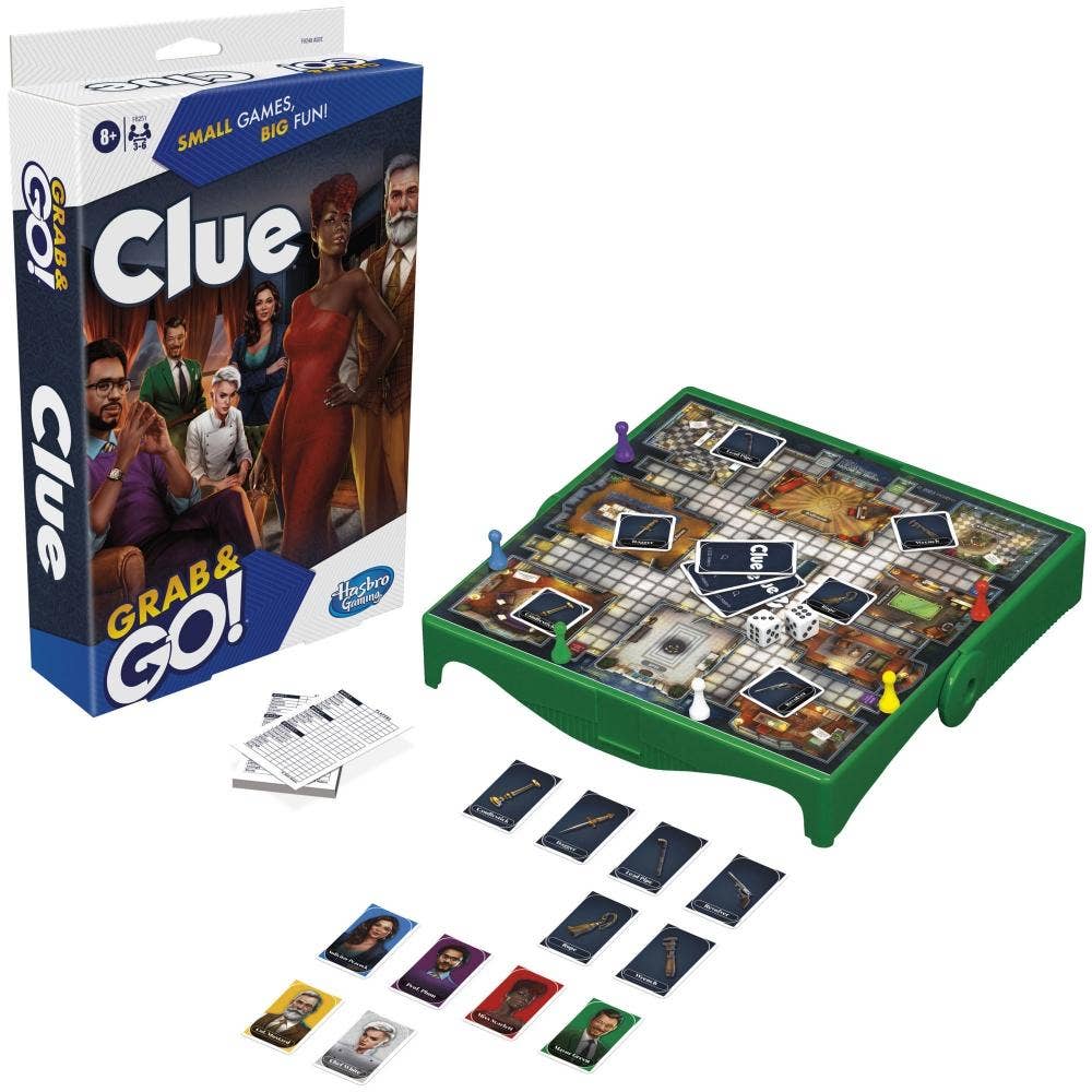Clue Grab & Go board game set with the retail box, green game board, cards, and player pieces on a white background.