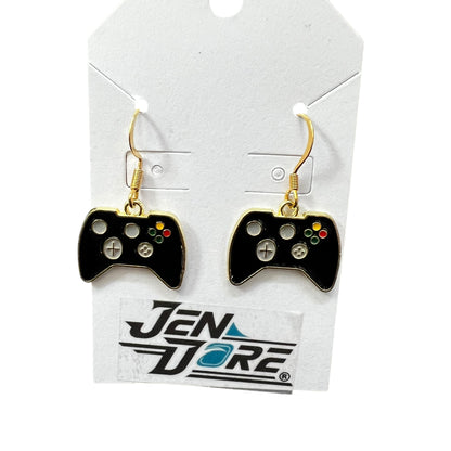 Handmade black gaming controller earrings with 18K gold plated stainless steel hooks, hypoallergenic and lightweight.