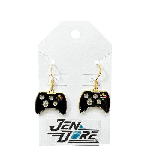 Handmade black gaming controller earrings with 18K gold plated stainless steel hooks, hypoallergenic and lightweight.