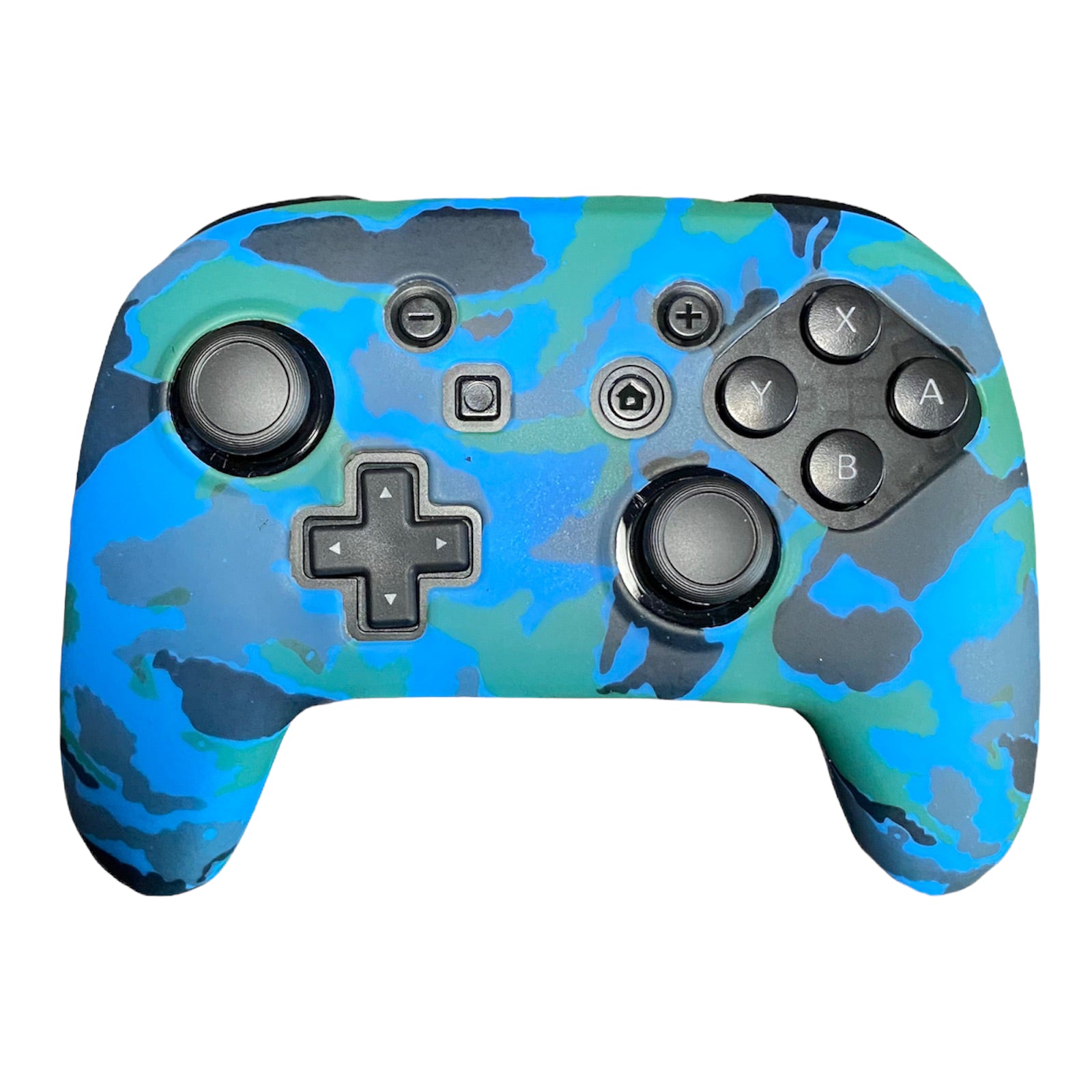 JenDore Blue Green Camo silicone anti-slip grip cover compatible with Nintendo Switch Pro Controller. Features a smooth textured surface for enhanced gaming control and protection.