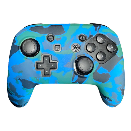 JenDore Blue Green Camo silicone anti-slip grip cover compatible with Nintendo Switch Pro Controller. Features a smooth textured surface for enhanced gaming control and protection.