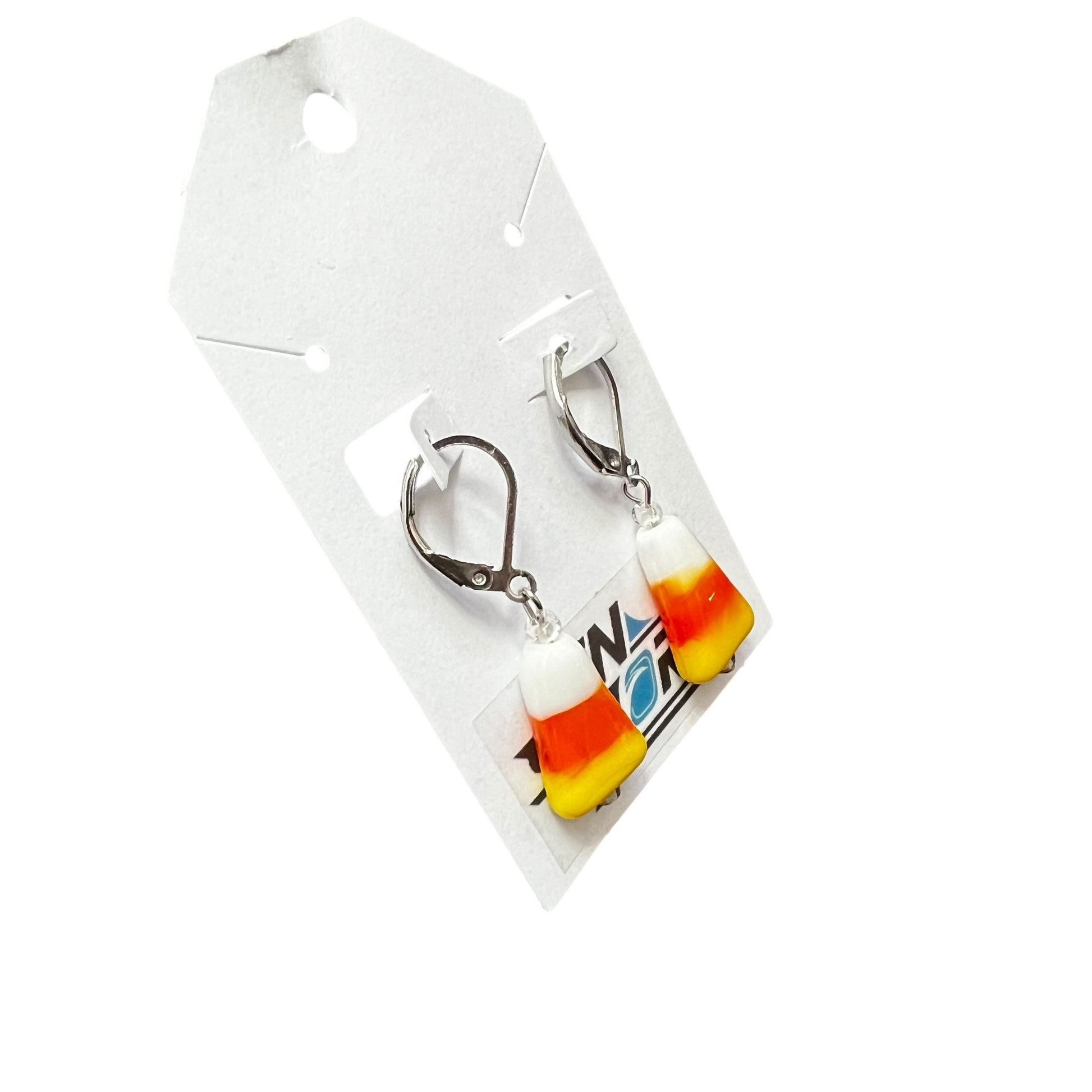 Handmade candy corn earrings with hypoallergenic stainless steel leverback hooks, lightweight nickel-free dangle jewelry by JenDore.